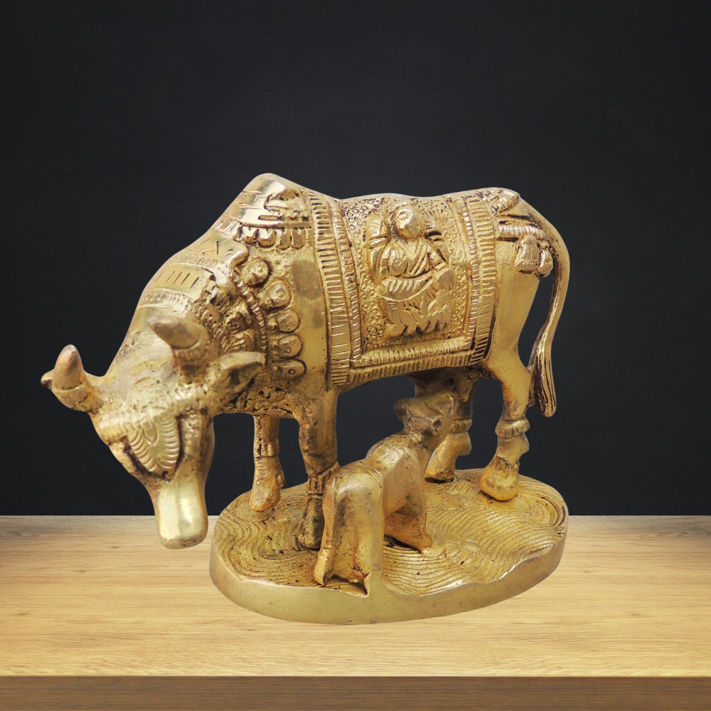 Brass Cow With Base Statue