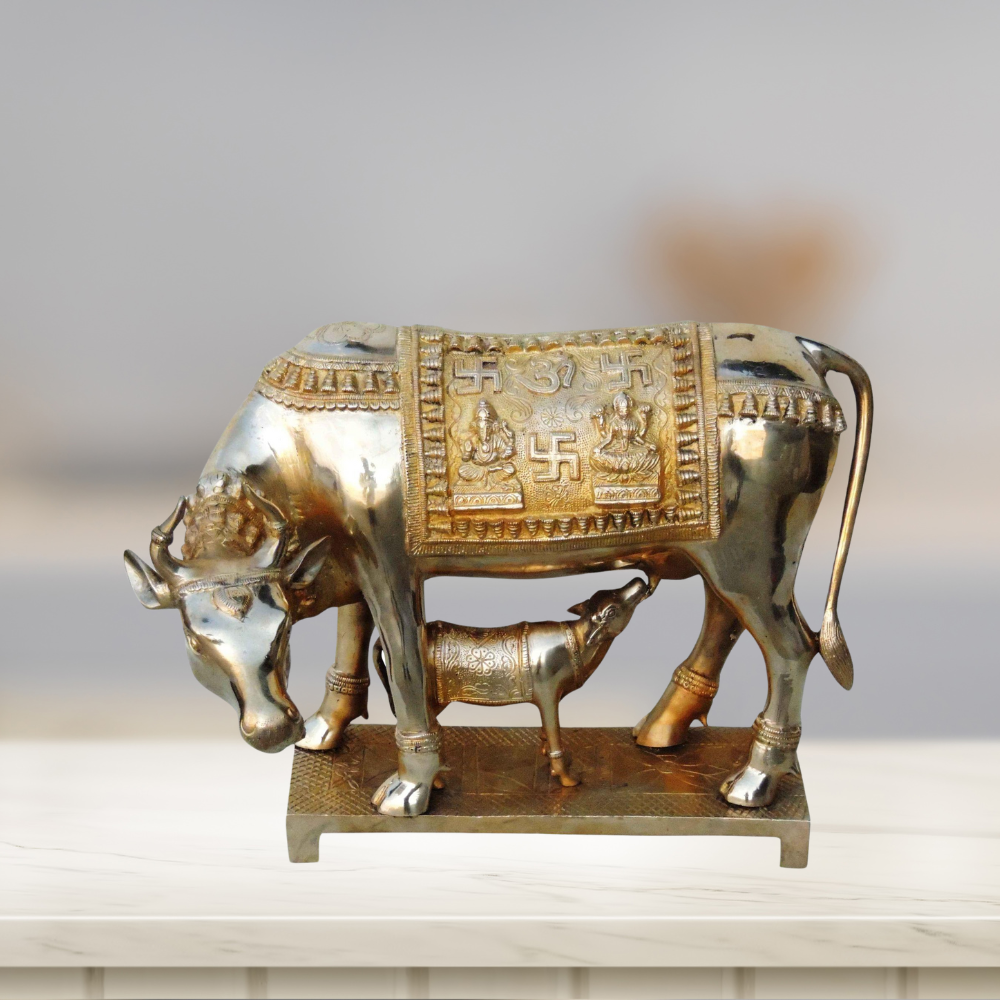 Brass Cow With Calf Statue