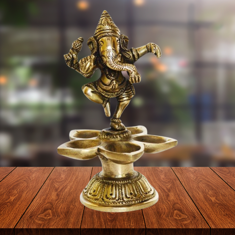 Brass Dancing Ganesh Lamp Deepak 5 Wicks