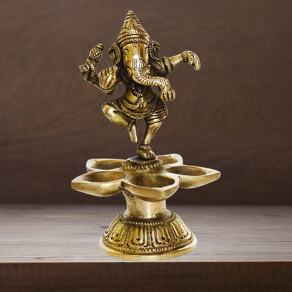 Brass Dancing Ganesh Lamp Deepak 5 Wicks