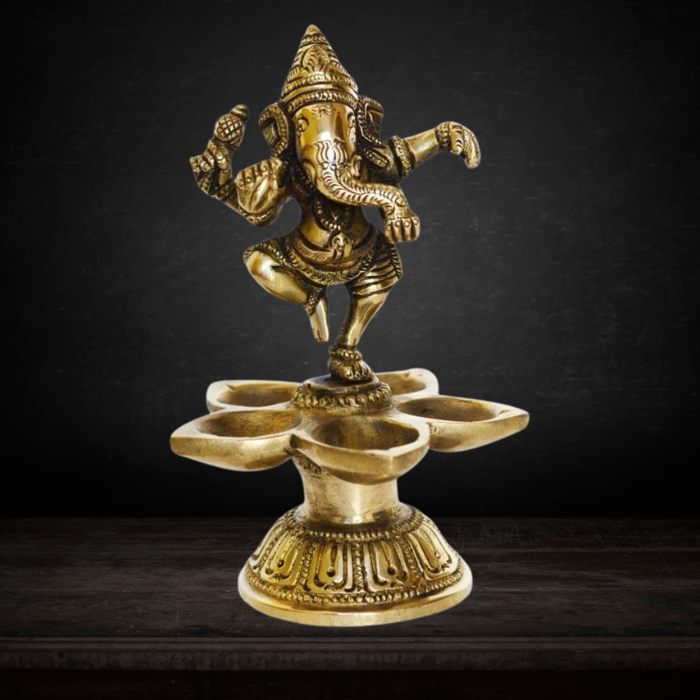 Brass Dancing Ganesh Lamp Deepak 5 Wicks