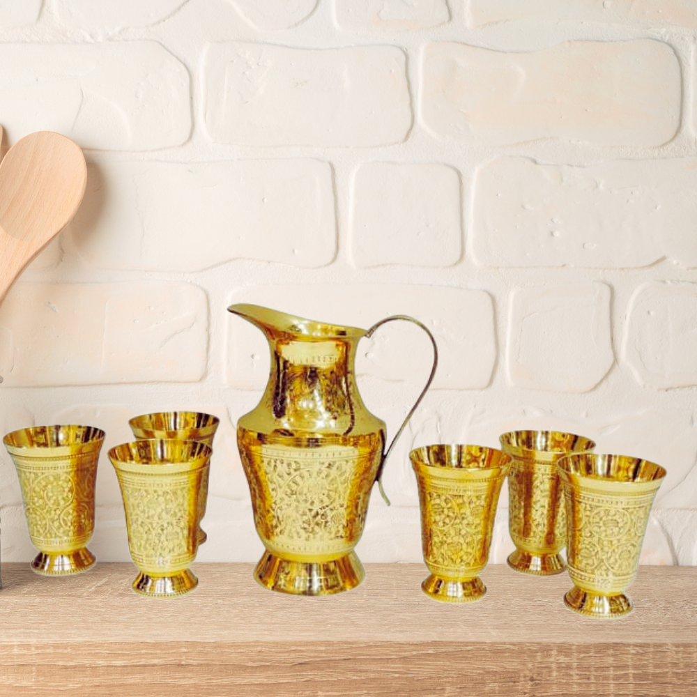 Brass Glass Lemon Set 1 Jug And 6 Glass