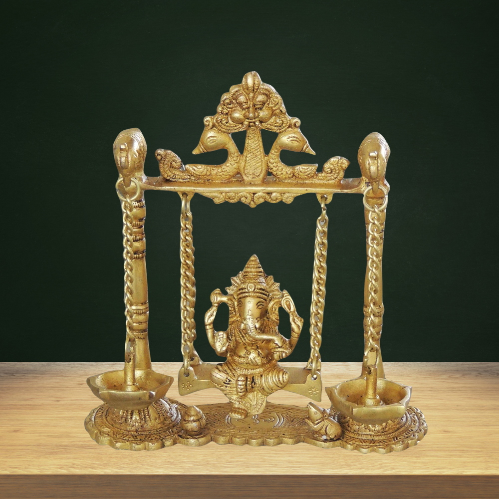 Brass Ganesh Jhula with Parrot and Deepak