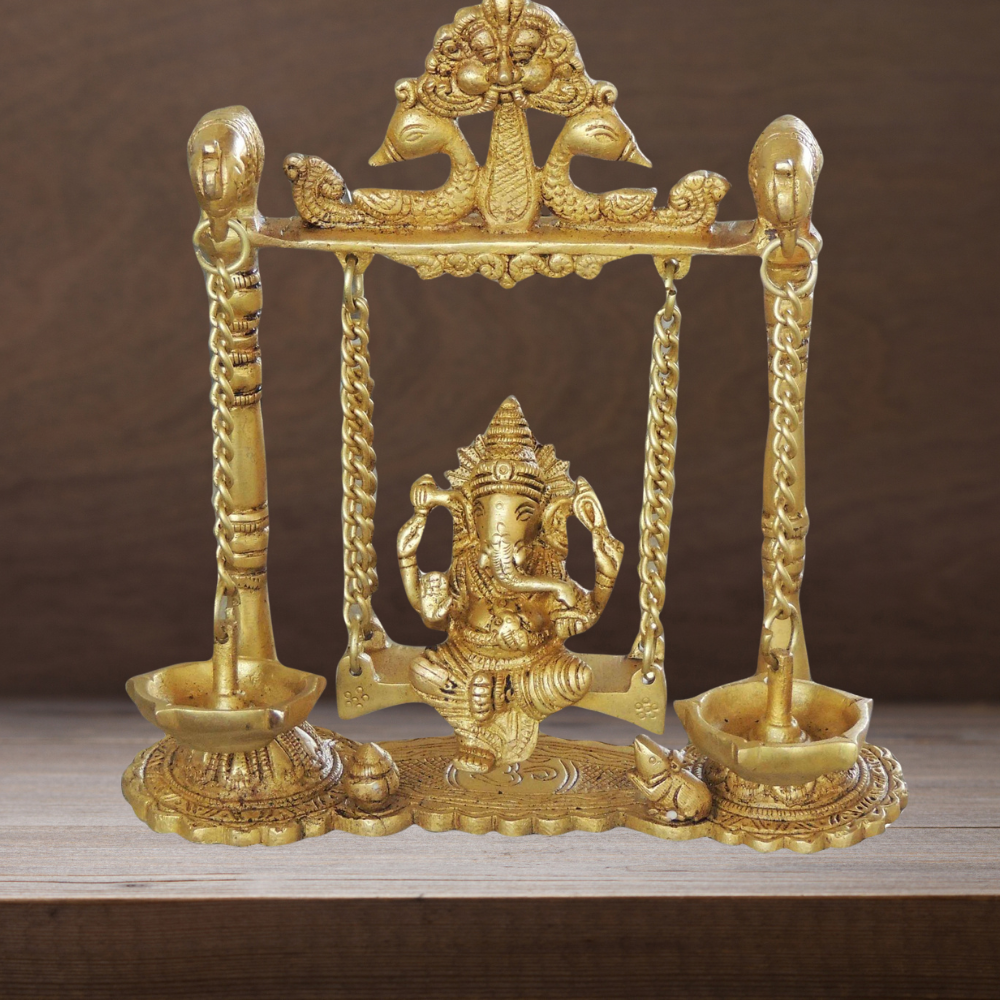 Brass Ganesh Jhula with Parrot and Deepak