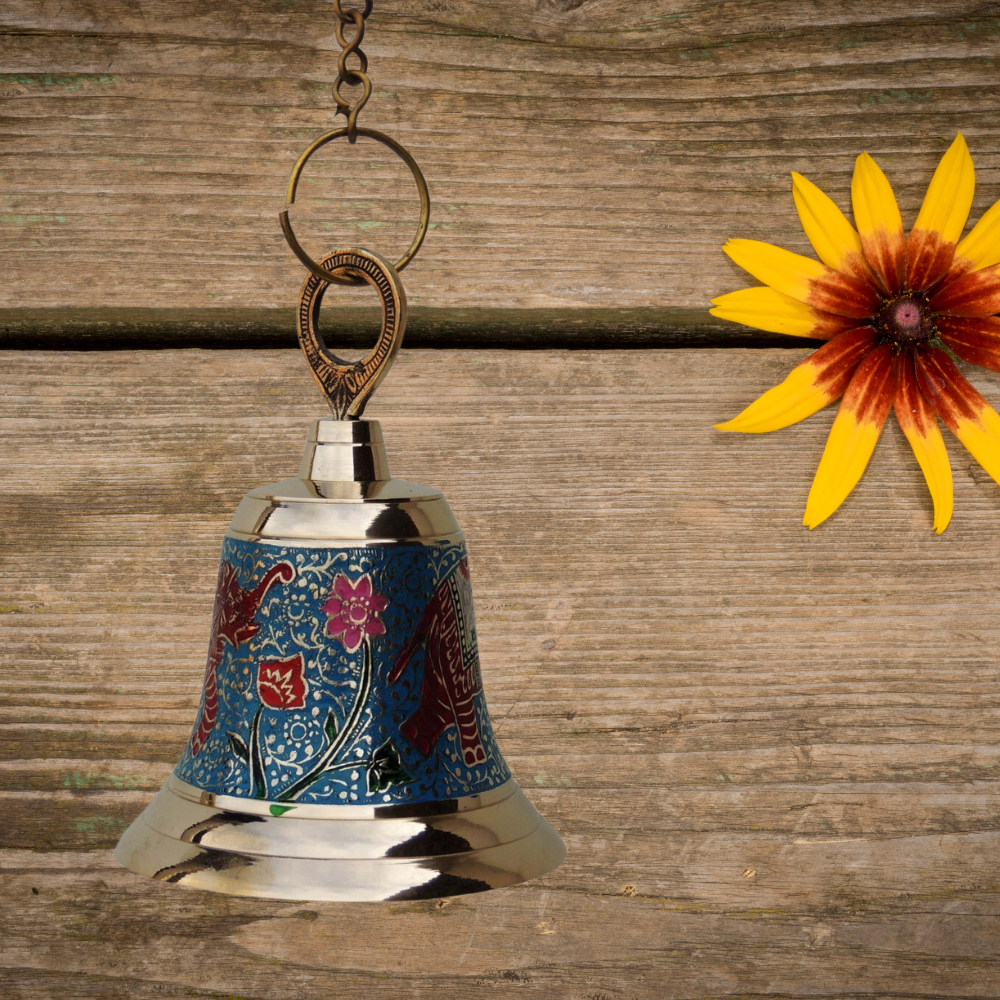 Brass Hanging Pooja Bell Blue Color