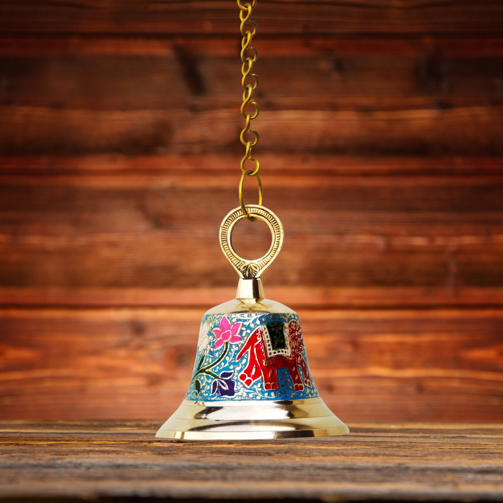 Brass Hanging Pooja Bell Blue Color