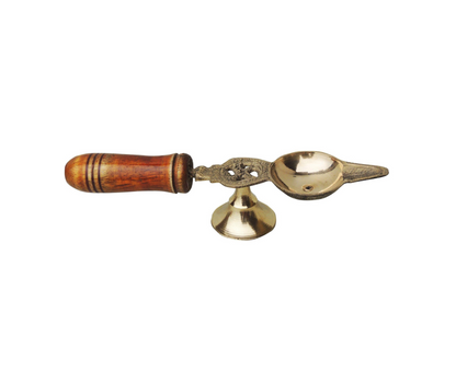 Brass Oil Lamp Deepak With Wooden Handle