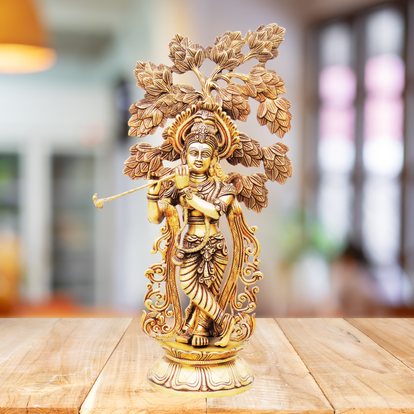 Brass Krishna Statue with Tree