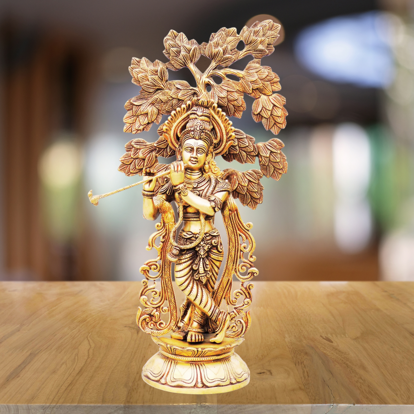 Brass Krishna Statue with Tree