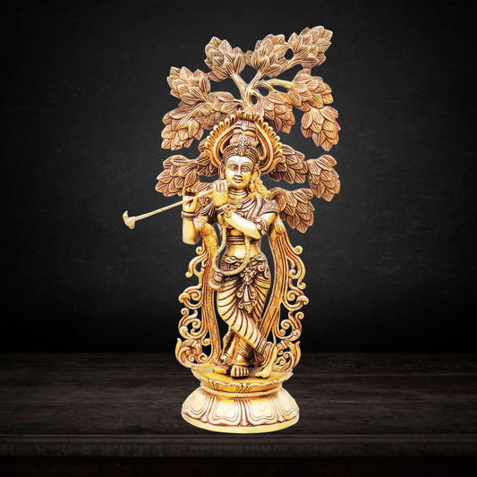 Brass Krishna Statue with Tree