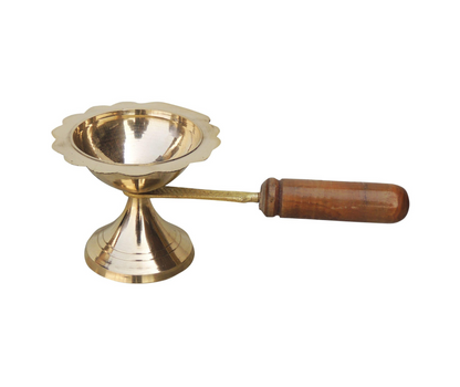 Brass Oil Lamp Deepak With Wooden Handle