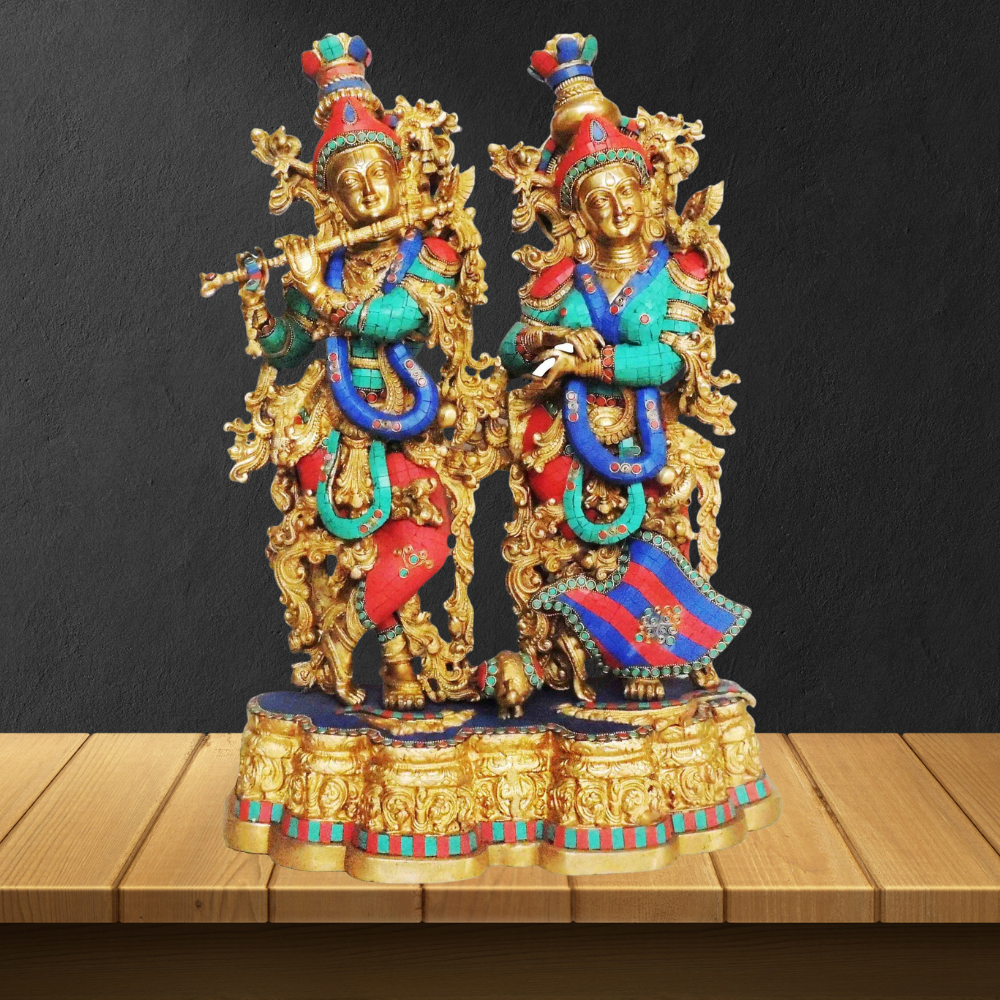 Brass Radha Krishna Same Base Big Stone