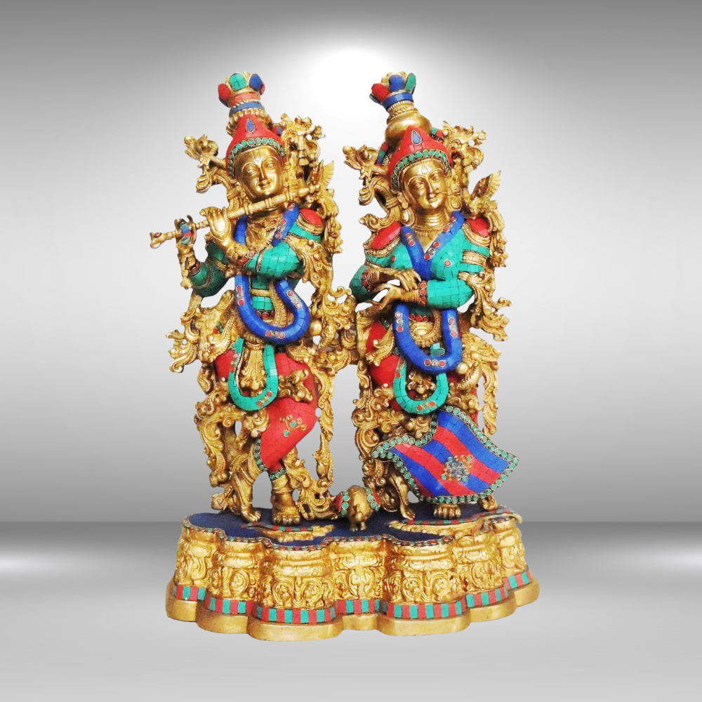 Brass Radha Krishna Same Base Big Stone