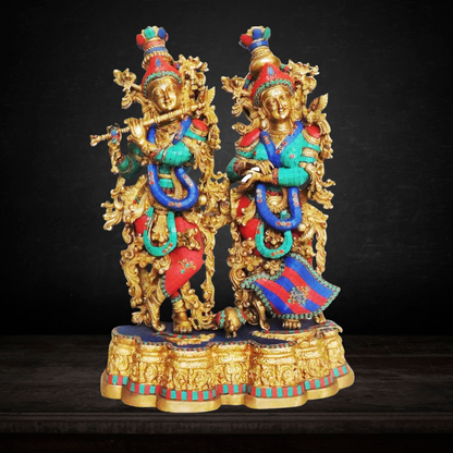 Brass Radha Krishna Same Base Big Stone