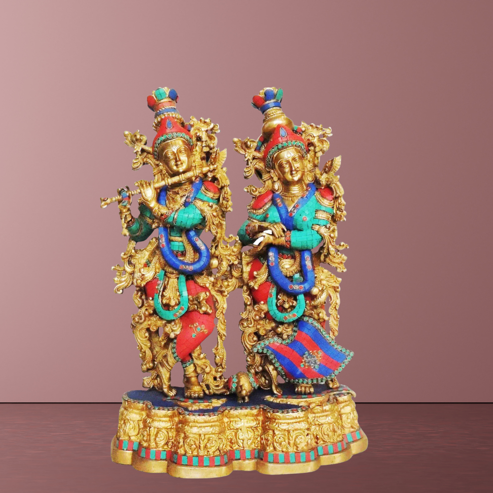 Brass Radha Krishna Same Base Big Stone