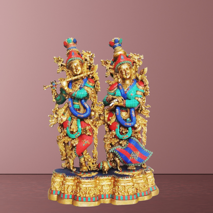 Brass Radha Krishna Same Base Big Stone