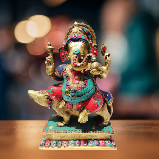 Brass Ganesh Ji Sitting On Rat Statue