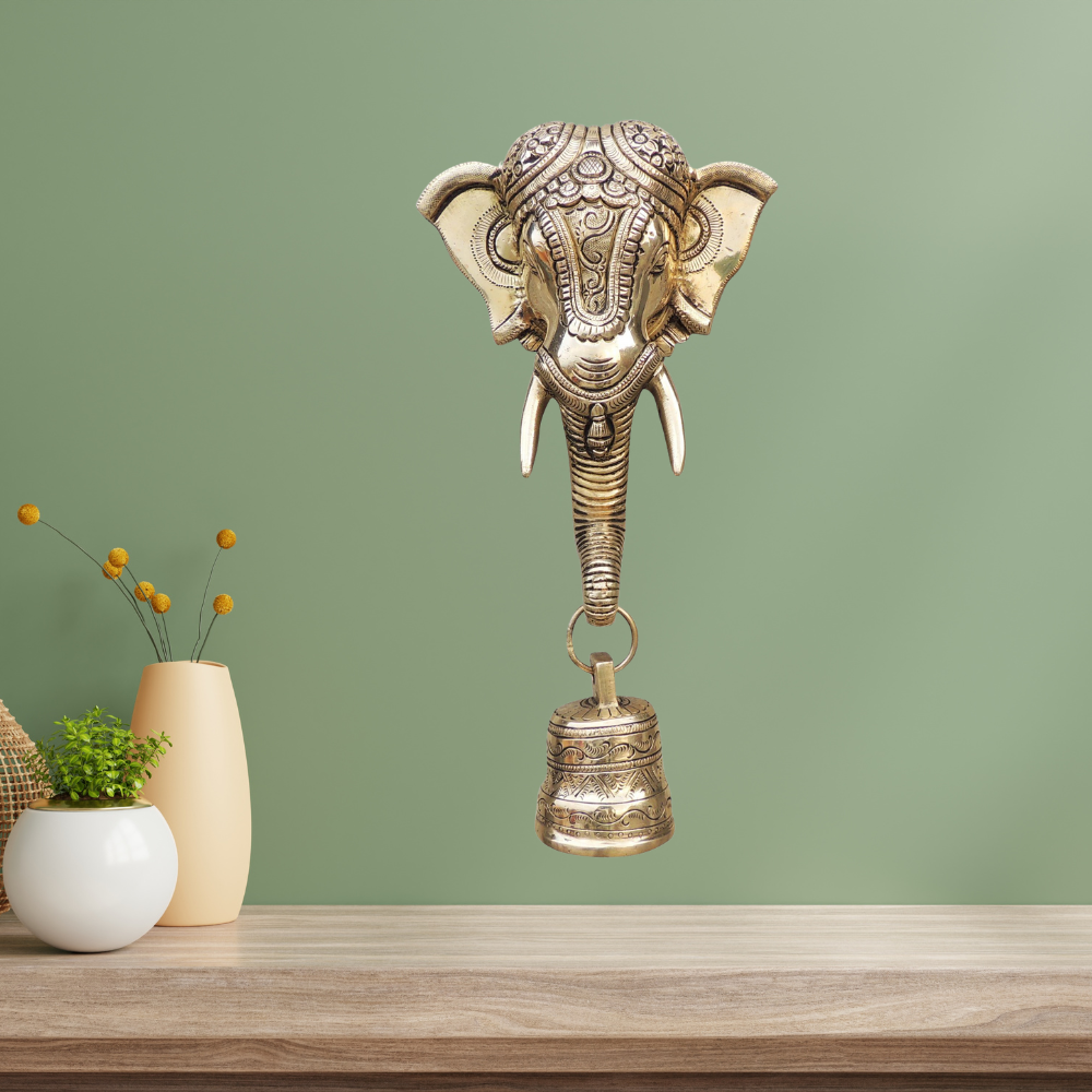 Brass Elephant Face With Bell Statue