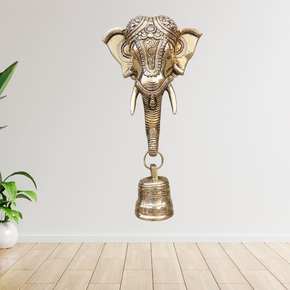 Brass Elephant Face With Bell Statue