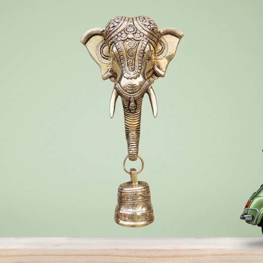 Brass Elephant Face With Bell Statue