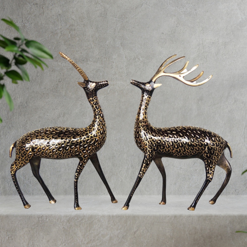 Brass Showpiece Deer Pair Statue With Black Finish