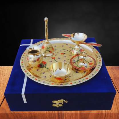 Puja Thali Set In Brass With Velvet Box