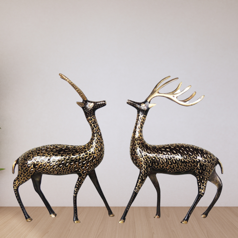 Brass Showpiece Deer Pair Statue With Black Finish