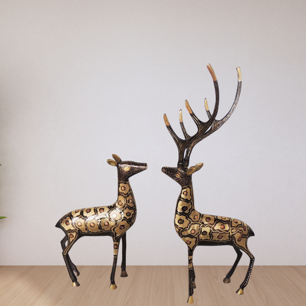 Brass Showpiece Deer Pair Statue With Black Finish