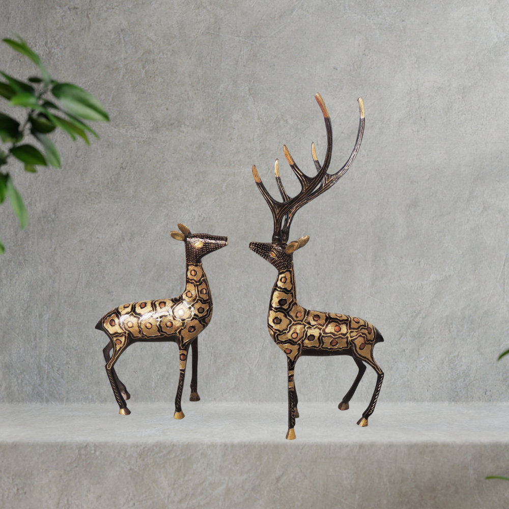 Brass Showpiece Deer Pair Statue With Black Finish