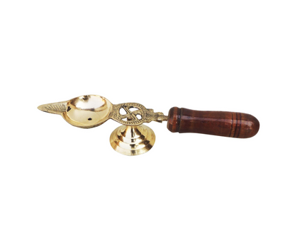 Brass Oil Lamp Deepak With Wooden Handle