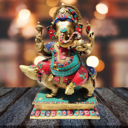 Brass Ganesh Ji Sitting On Rat Statue