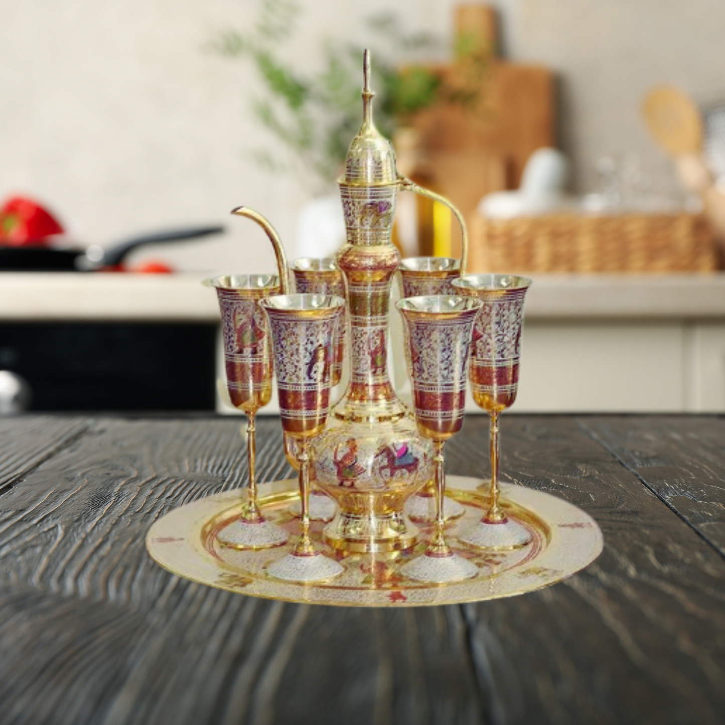 Brass Showpiece Surahi Set With 6 Wine Glasses