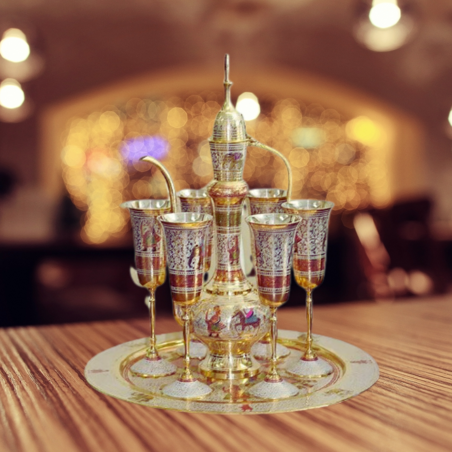 Brass Showpiece Surahi Set With 6 Wine Glasses