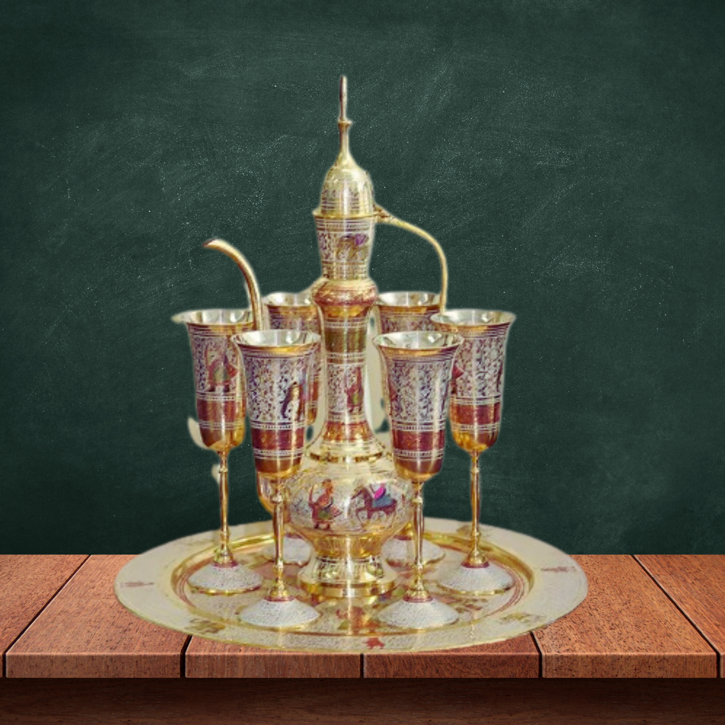 Brass Showpiece Surahi Set With 6 Wine Glasses