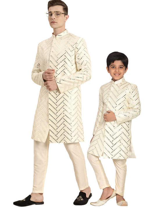 VASTRAMAY Cream Mirror Work Indo Western Baap Beta Set