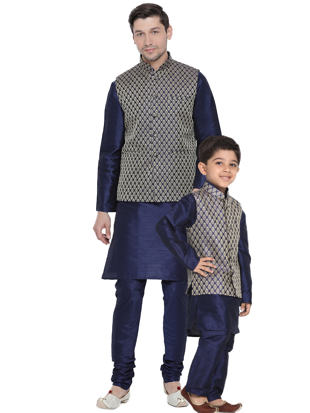 Vastramay Navy Blue and Gold Silk Blend Baap Beta Jacket Kurta Pyjama set