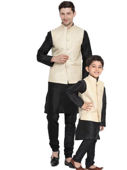 Vastramay Cream and Black Color Silk Blend  Baap Beta Jacket Kurta Pyjama set