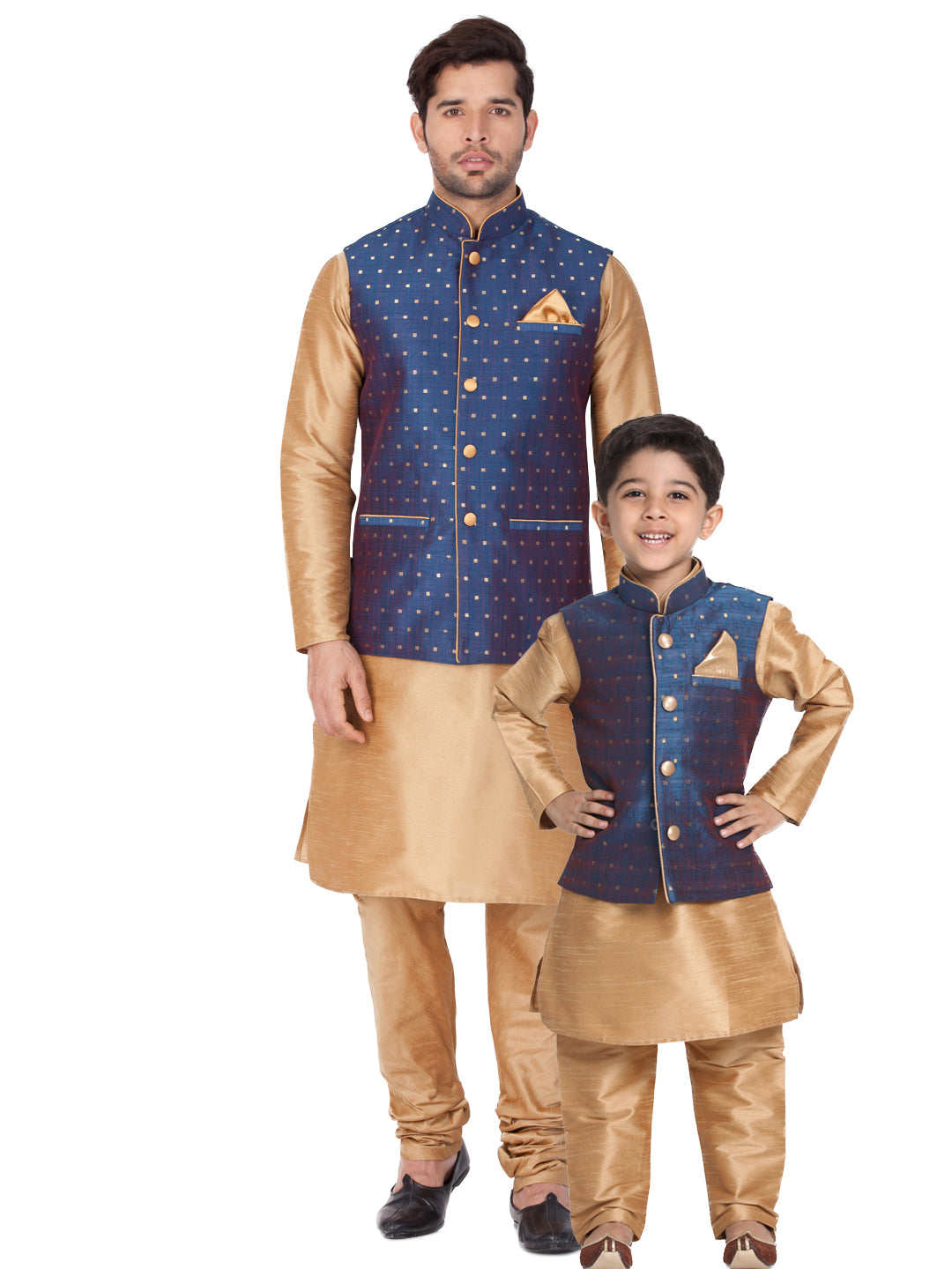 Vastramay Rose Gold and Navy Blue Silk Blend Baap Beta Jacket Kurta Pyjama set