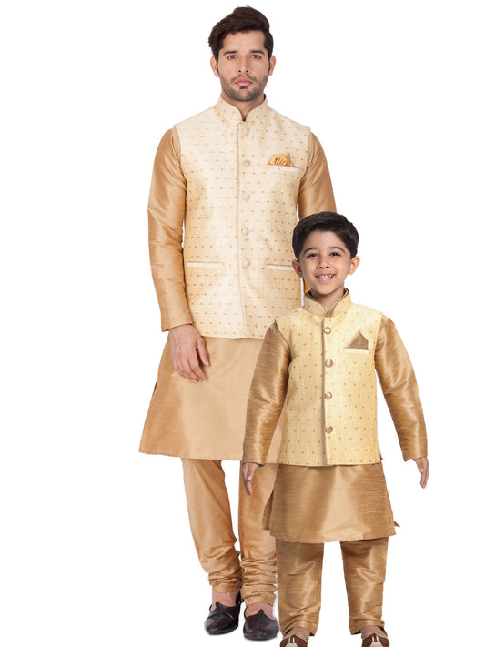 Vastramay Rose Gold Silk Blend Baap Beta Jacket Kurta Pyjama set