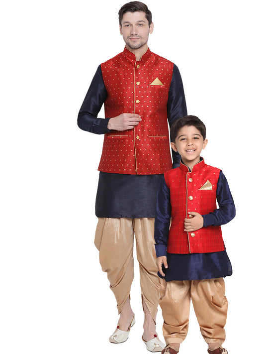 Vastramay Maroon, Navy Blue and Rose Gold Silk Blend Baap Beta Jacket Dhoti Kurta set