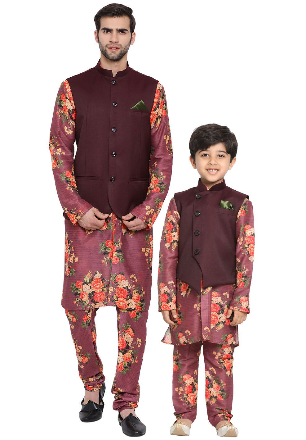 Vastramay Multicolored-Base-Purple Baap Beta Jacket Kurta Pyjama set