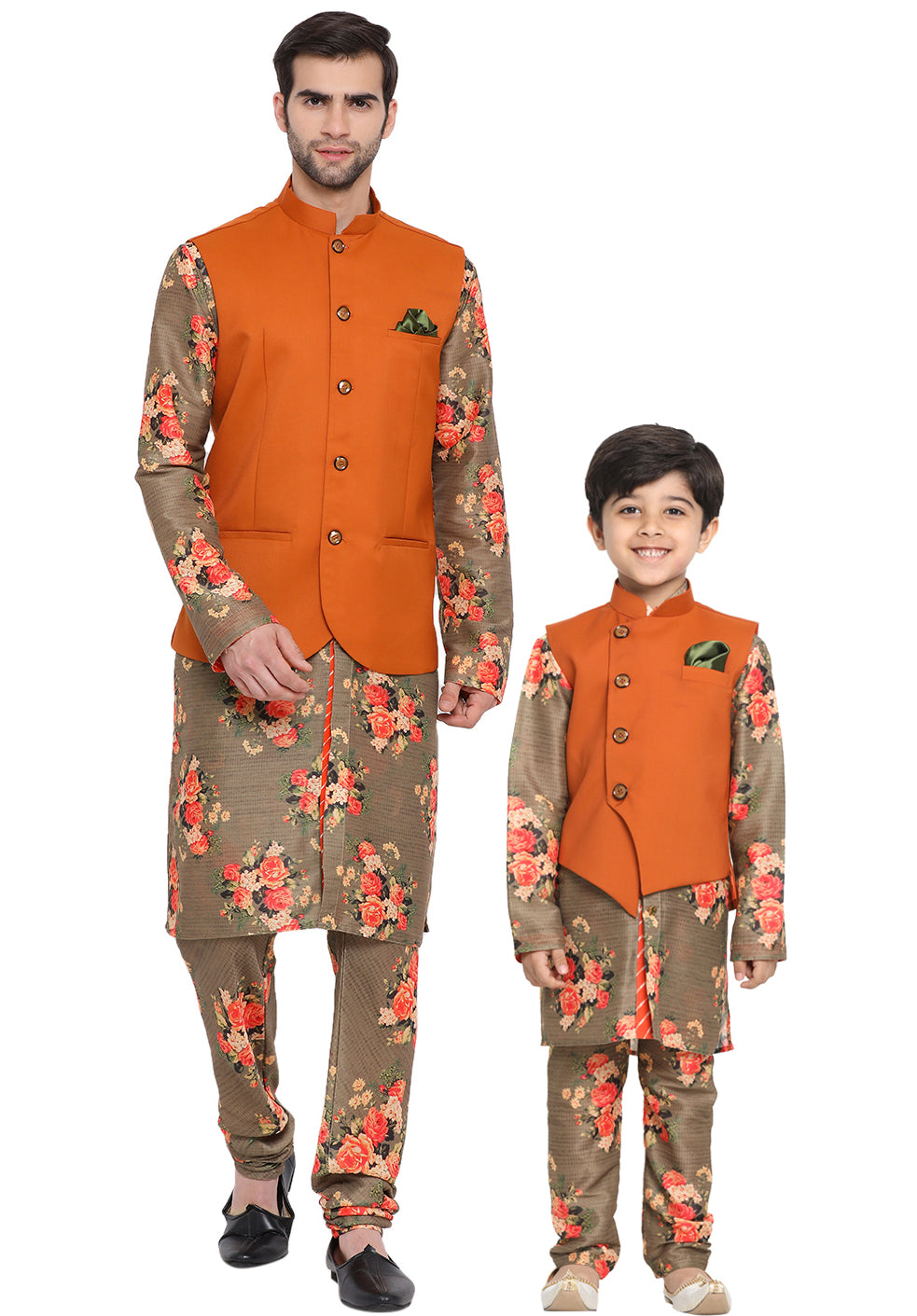 Vastramay Multicolored-Base-Chiku Baap Beta Jacket Kurta Pyjama set