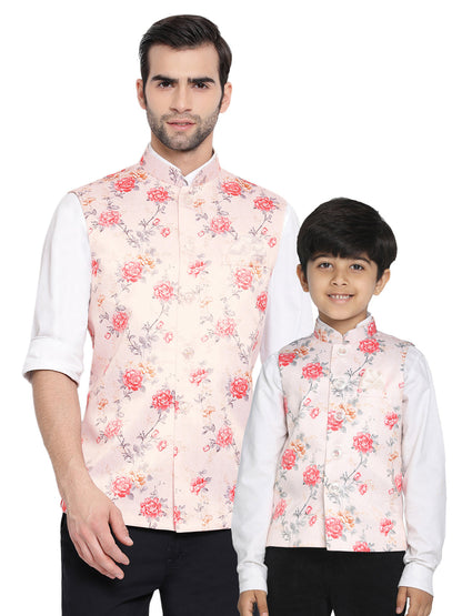 Vastramay Multicolor-Base-Peach Floral Printed Baap Beta Ethnic Jacket Set