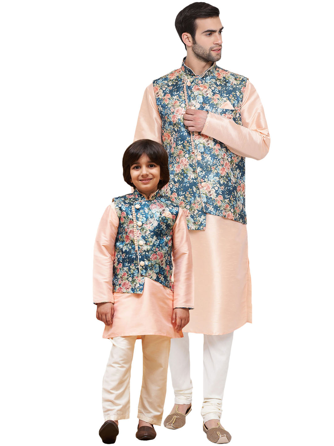 VASTRAMAY Baap Beta Silk Blend Peach Jacket With Peach Kurta Pyjama Set