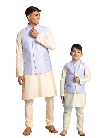 VASTRAMAY Lavender Woven Jacket With Cream Kurta and Pyjama Baap Beta Set