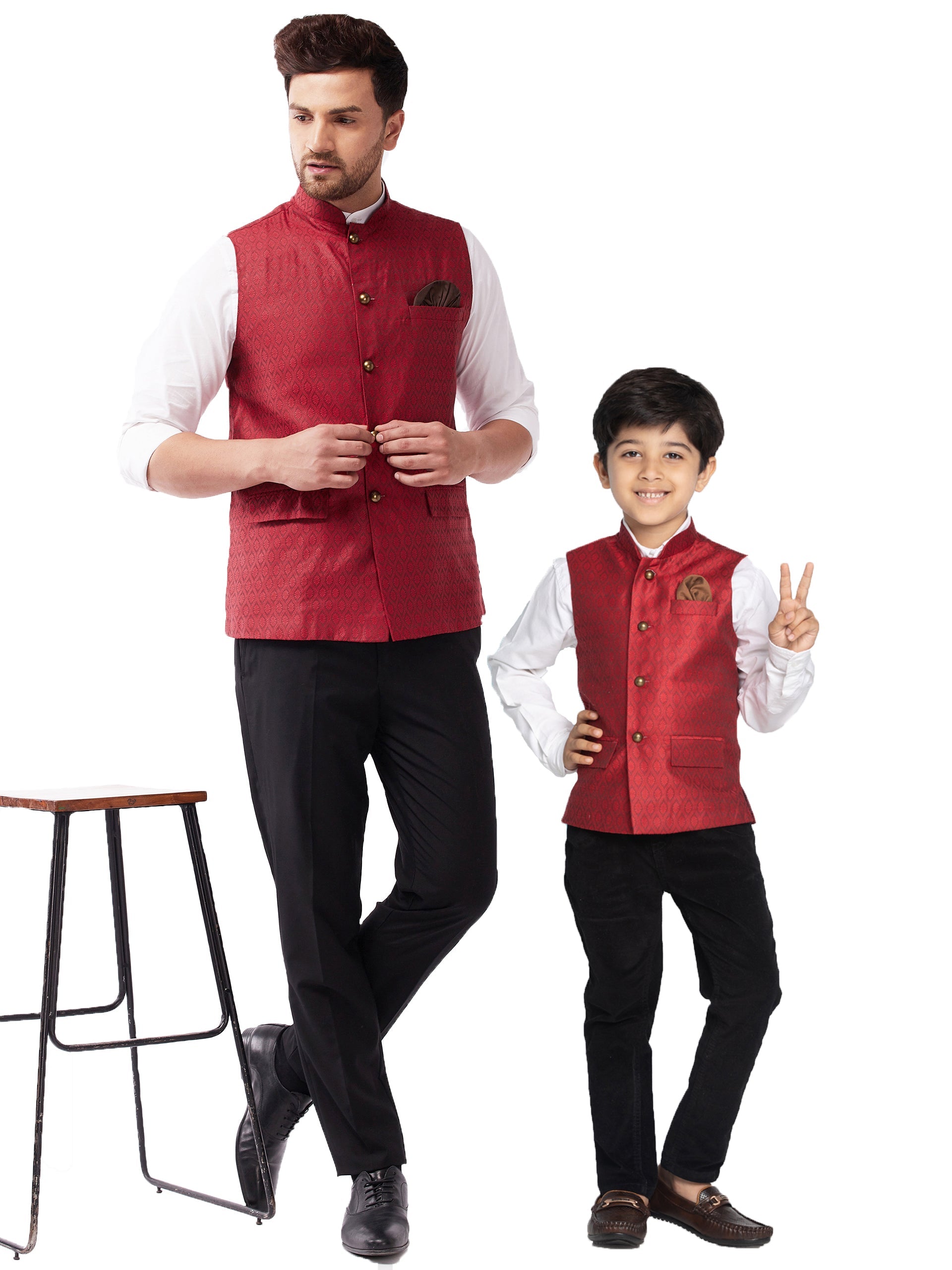 VASTRAMAY Maroon Baap Beta Ethnic Jacket Set