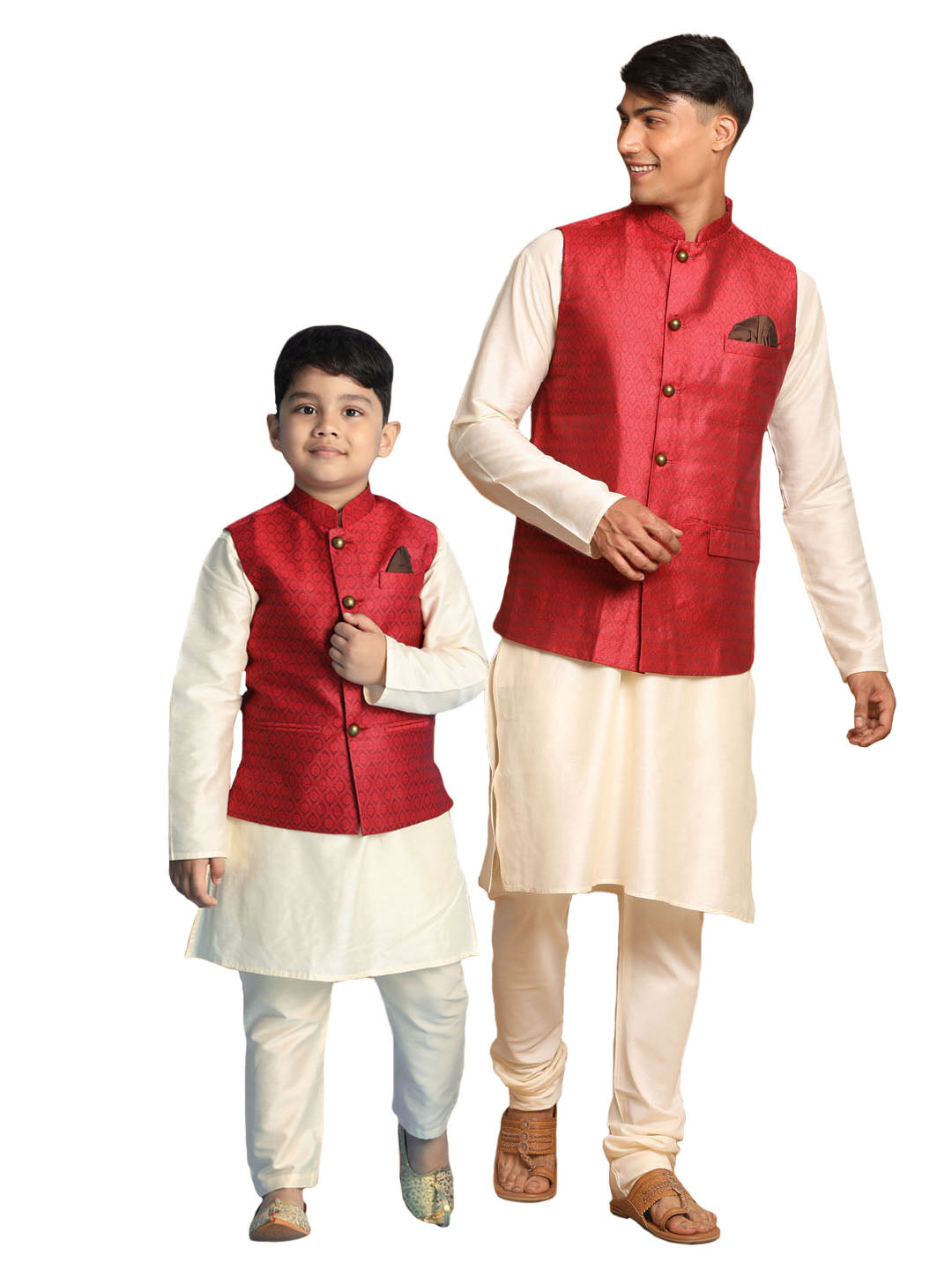 VASTRAMAY Maroon Woven Jacket With Cream Kurta and Pyjama Baap Beta Set