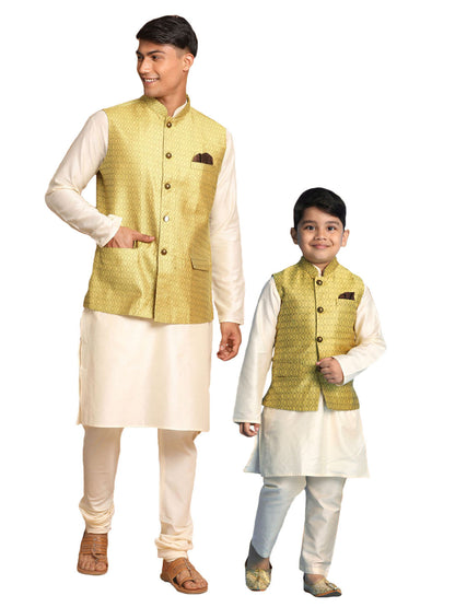 VASTRAMAY Yellow Woven Jacket With Cream Kurta and Pyjama Baap Beta Set