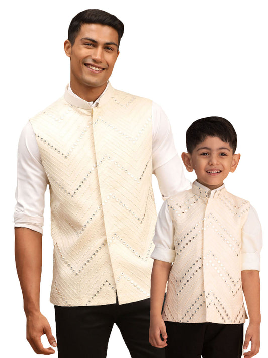 VASTRAMAY Cream Mirror Work Viscose Sleeveless Ethnic Jacket Baap Beta Set