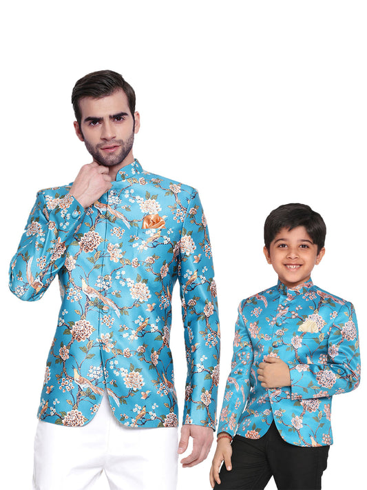 VASTRAMAY Multicolor-Base-Turquoise Baap Beta Jodhpuri Set